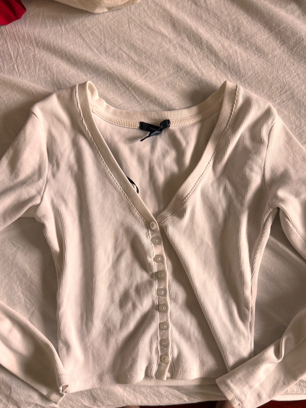 Forever 21 Cream Ribbed V-Neck Button-Up Long Sleeve Top